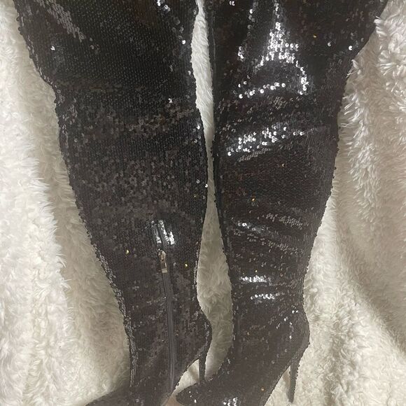 Yoki thigh high Black Sequins heels Boots side zipper SZ8 - Picture 2 of 11